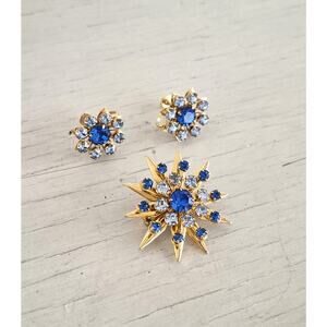 Vintage Blue Rhinestone Starburst Brooch and Earring Set